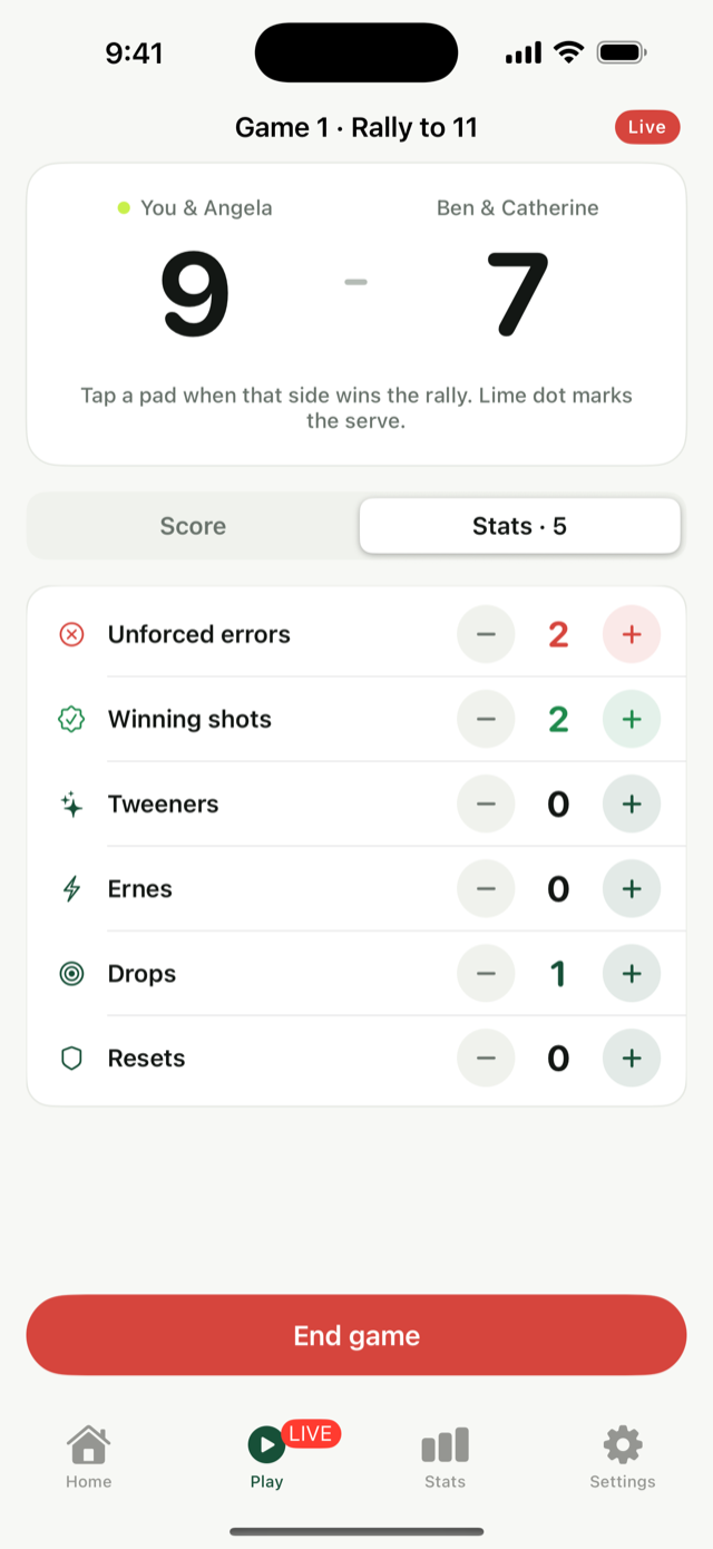 Live match, Stats tab: six stat counters with plus and minus steppers while the 9 to 7 scoreboard stays pinned on top