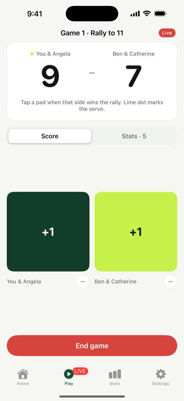 Live scoring in Dink Data: game one, 9 to 7, one-tap scoring pads, and a Score and Stats tab switcher under the scoreboard